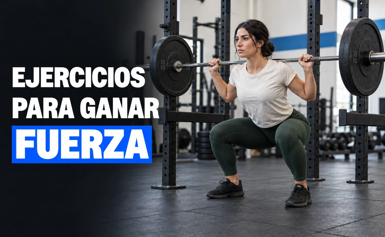 Mujer realizando una sentadilla con barra en un gimnasio. Titular: «Ejercicios para ganar fuerza».