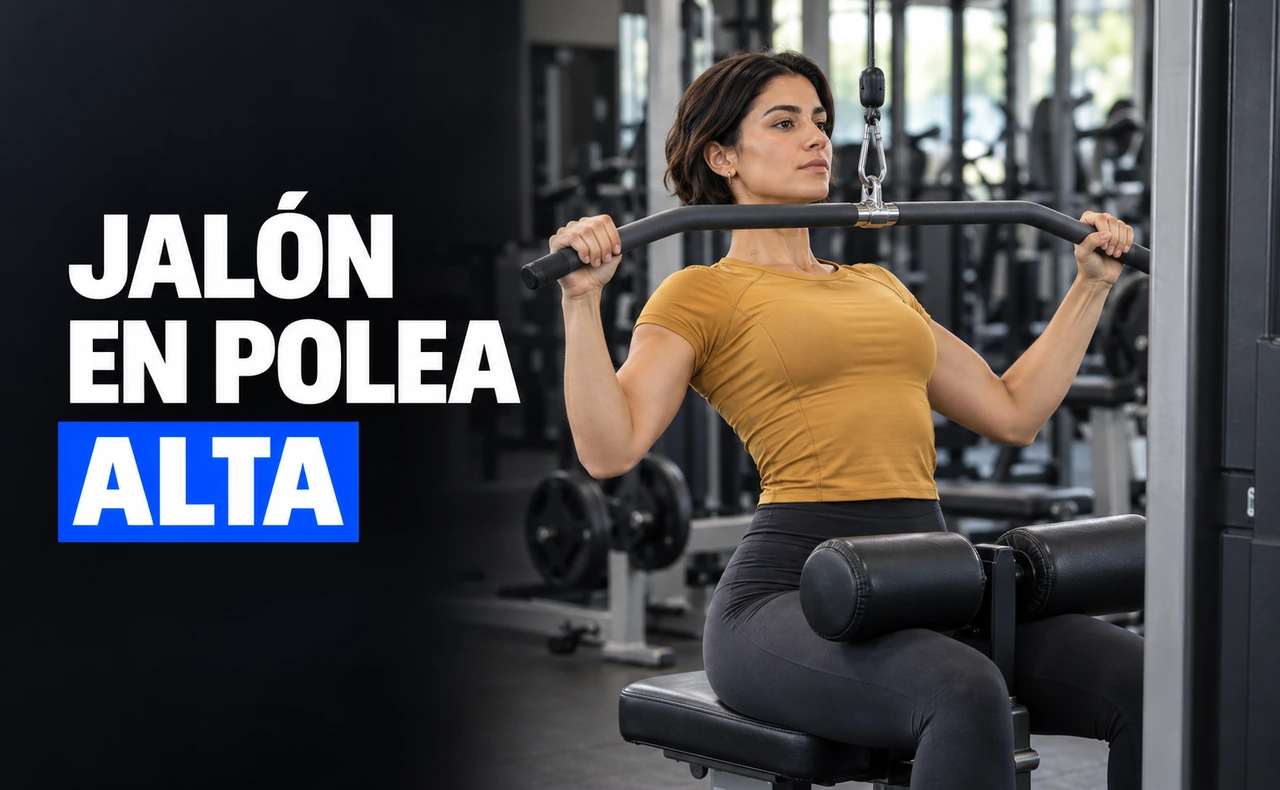 Mujer realizando un jalón en polea alta con la barra por delante del cuerpo y los muslos bajo los rodillos, junto al titular «Jalón en polea alta».