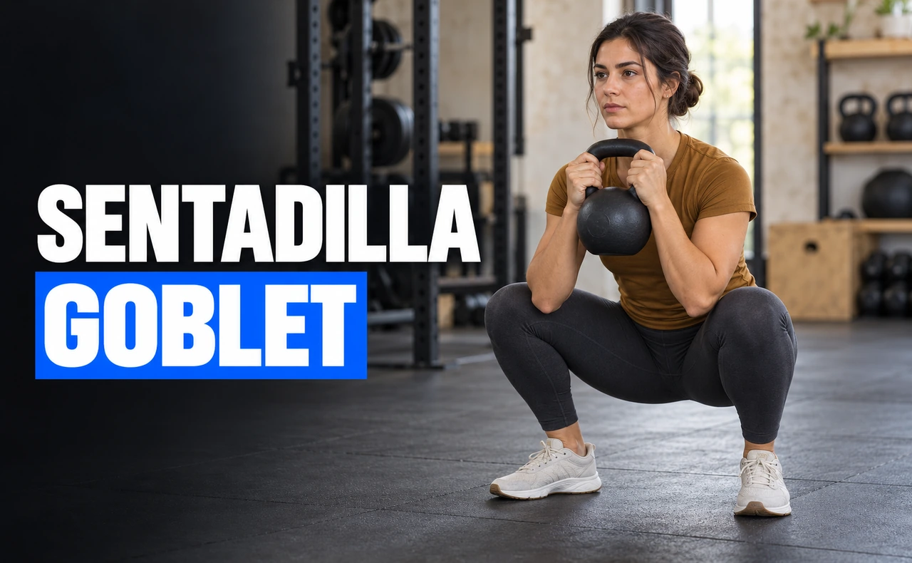 Deportista joven con camiseta ocre realizando una sentadilla goblet, con una kettlebell junto al pecho y ambos pies apoyados. Titular: Sentadilla goblet.