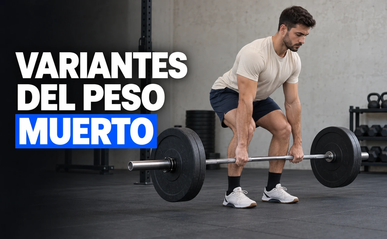 Hombre joven con camiseta clara realizando un peso muerto con barra en un gimnasio, con ambas manos sujetando la barra. Titular: Variantes del peso muerto.