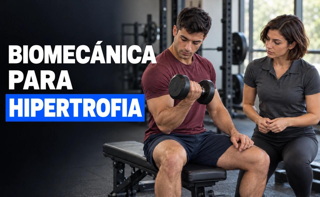 Hombre realizando un curl con mancuerna mientras una mujer observa la técnica, junto al titular «Biomecánica para hipertrofia».