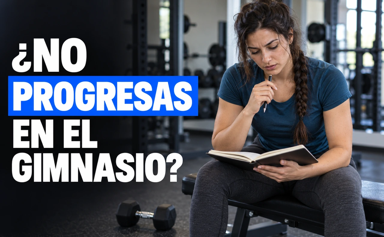 Mujer sentada en un banco de gimnasio revisando un cuaderno de entrenamiento, junto al titular «¿No progresas en el gimnasio?».