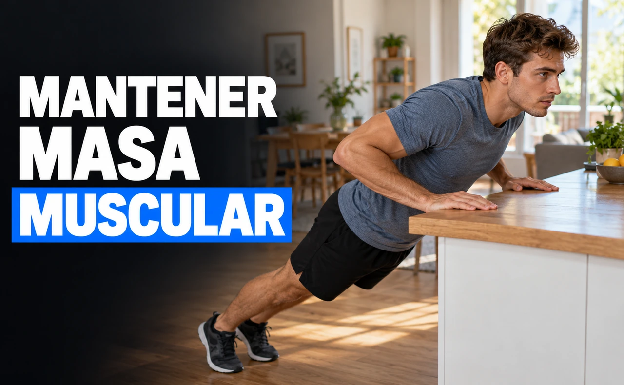Hombre realizando una flexión inclinada con las manos apoyadas en una encimera, junto al titular «Mantener masa muscular».