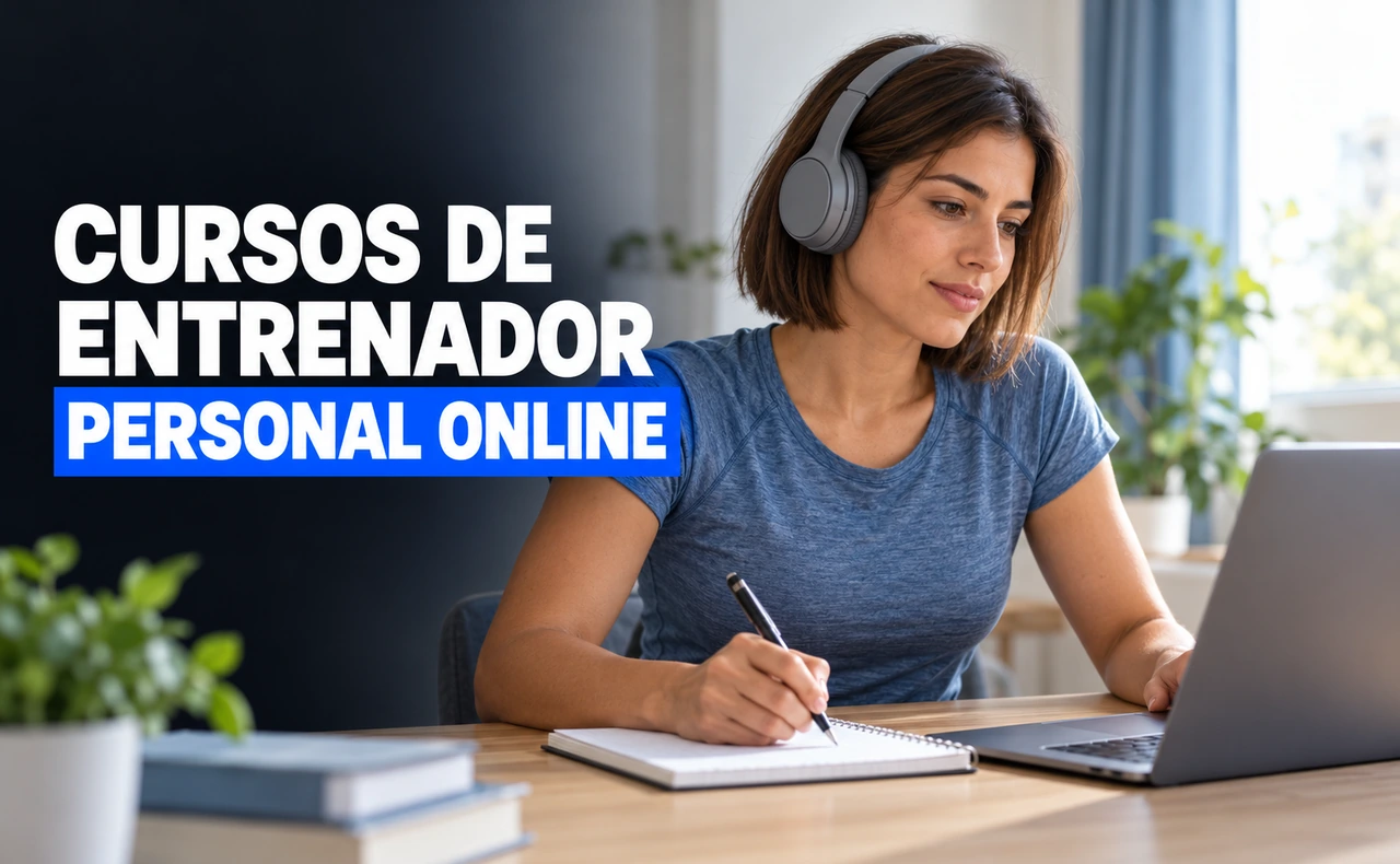 Mujer con auriculares estudiando en un portátil y tomando notas. Titular: «Cursos de entrenador personal online».