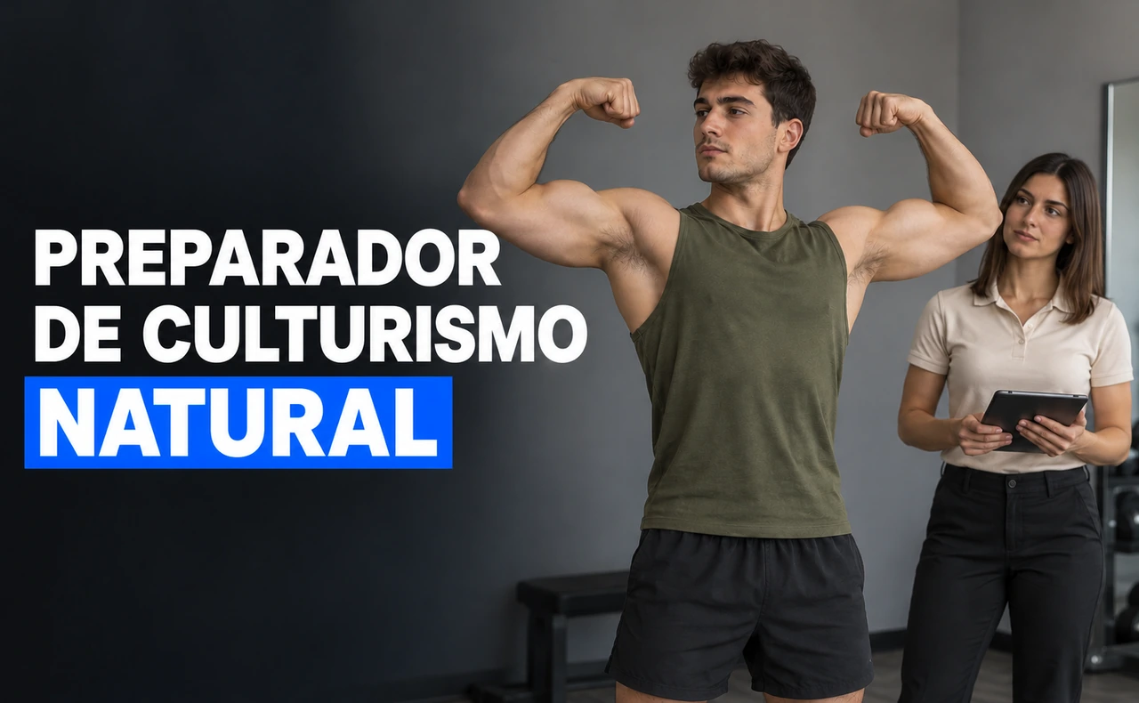 Hombre practicando una pose de doble bíceps mientras una mujer observa con una tableta. Titular: «Preparador de culturismo natural».