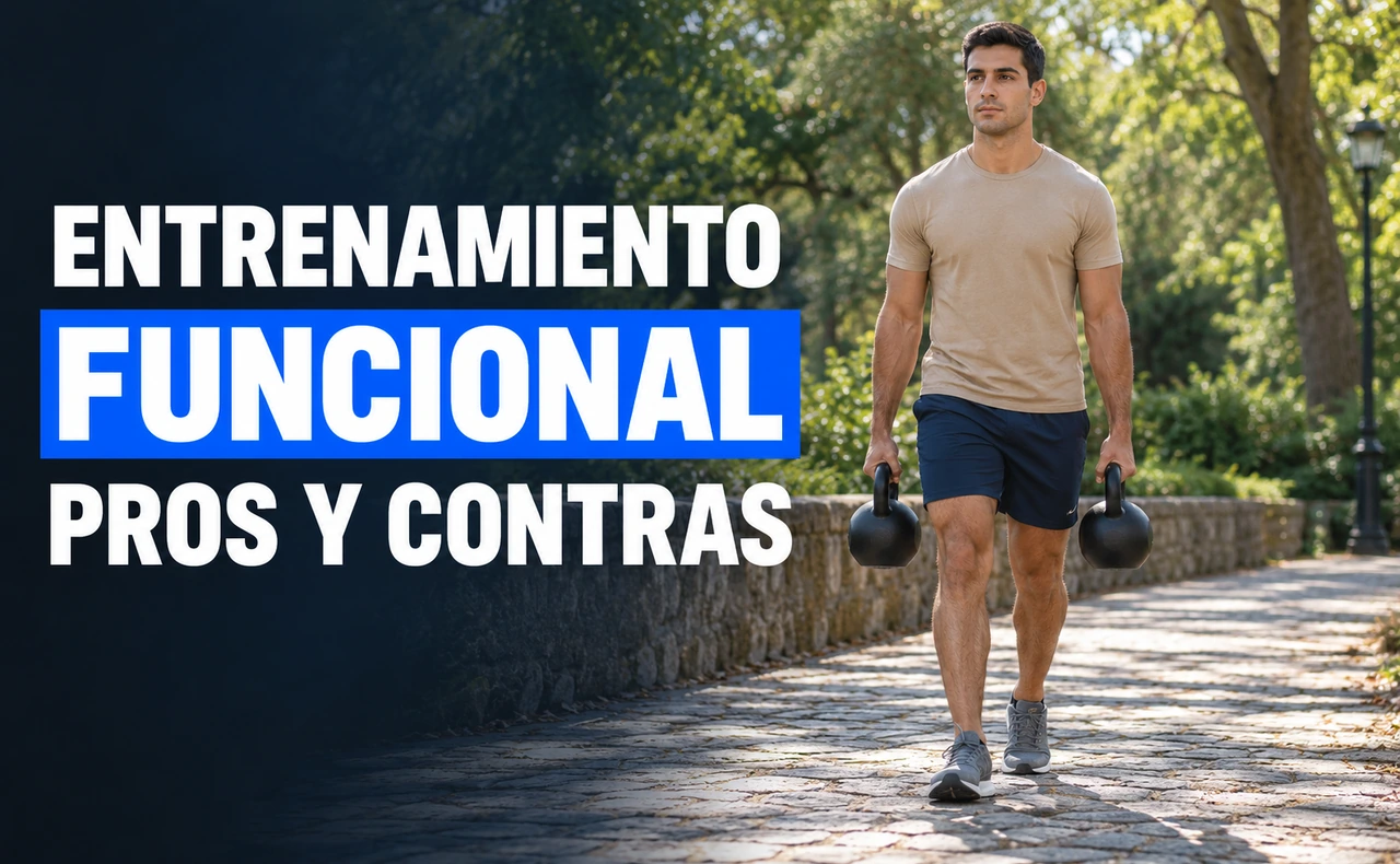 Hombre caminando por un parque con una kettlebell en cada mano. Titular: «Entrenamiento funcional: pros y contras».