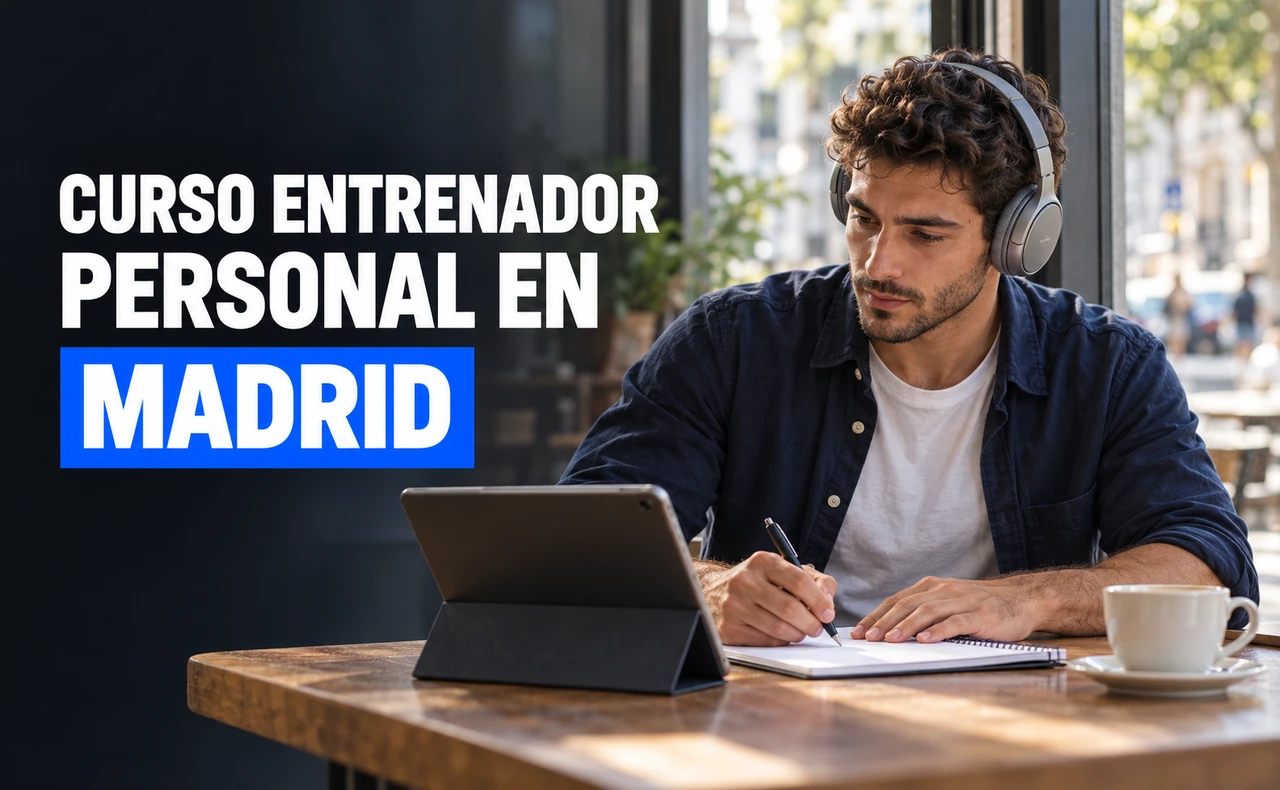 Hombre con auriculares consultando una tableta y tomando notas en una cafetería. Titular: «Curso entrenador personal en Madrid».