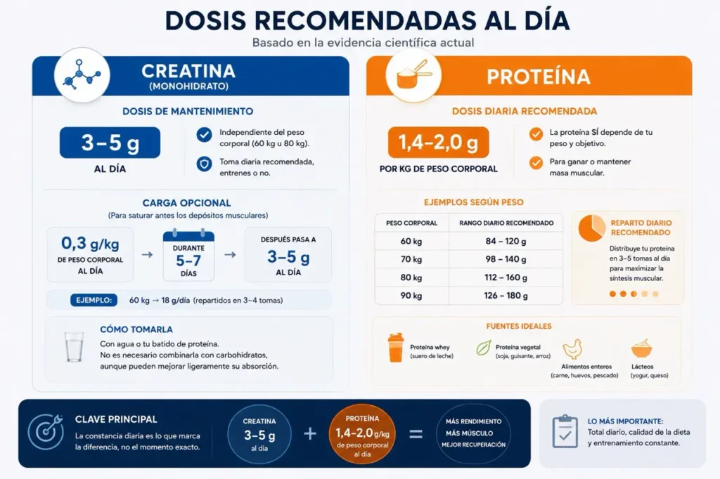 Cuánta creatina y proteína tomar al día