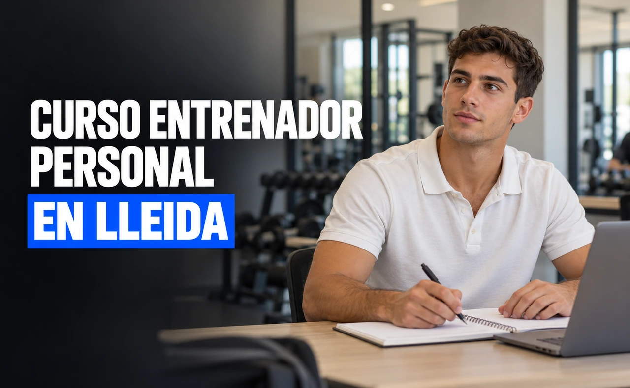 Estudiante joven con polo claro tomando notas junto a un portátil en un aula próxima a una sala de entrenamiento. Titular: Curso entrenador personal en Lleida.