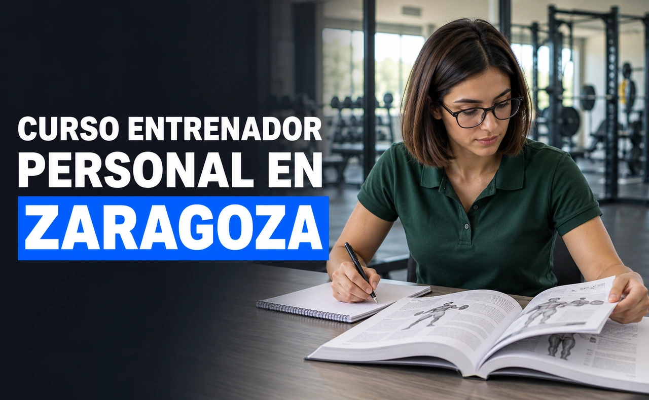 Mujer con gafas estudiando un manual junto a un gimnasio. Titular: «Curso entrenador personal en Zaragoza».