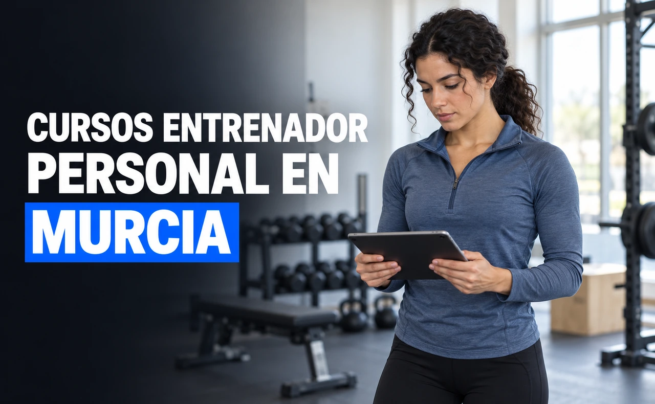Mujer consultando una tableta junto a una zona de entrenamiento. Titular: «Cursos entrenador personal en Murcia».