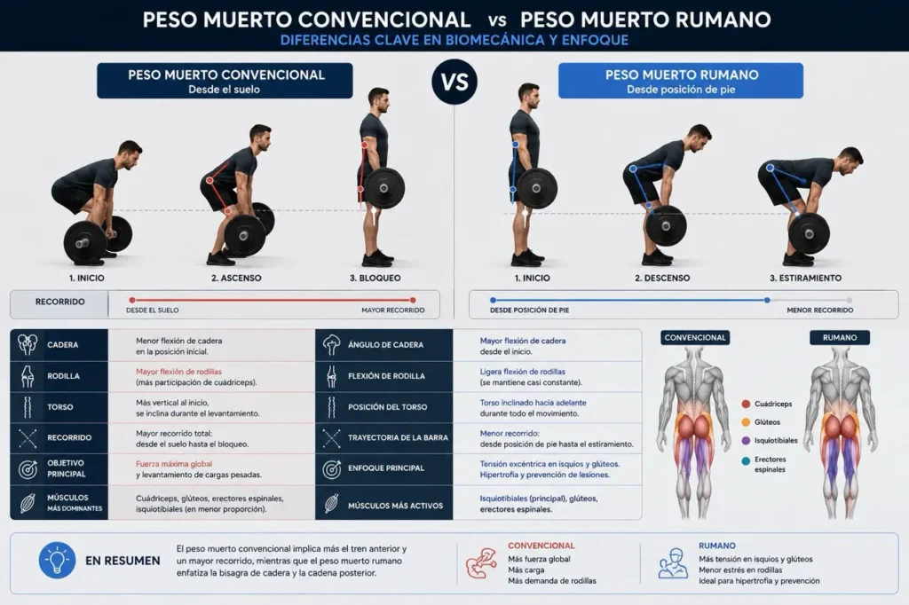 Diferencia del peso muerto rumano respecto al peso muerto convencional