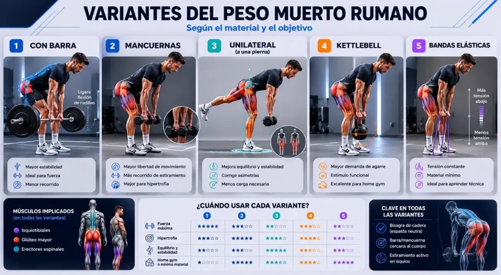 Variantes del peso muerto rumano según el material