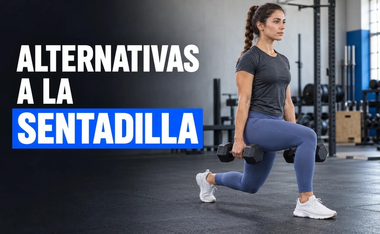 Mujer realizando una zancada con dos mancuernas en un gimnasio. Titular: «Alternativas a la sentadilla».
