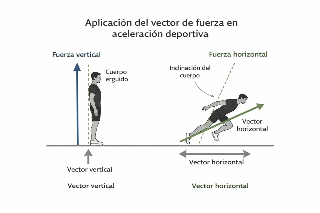 Orientación del vector de fuerza en la aceleración deportiva