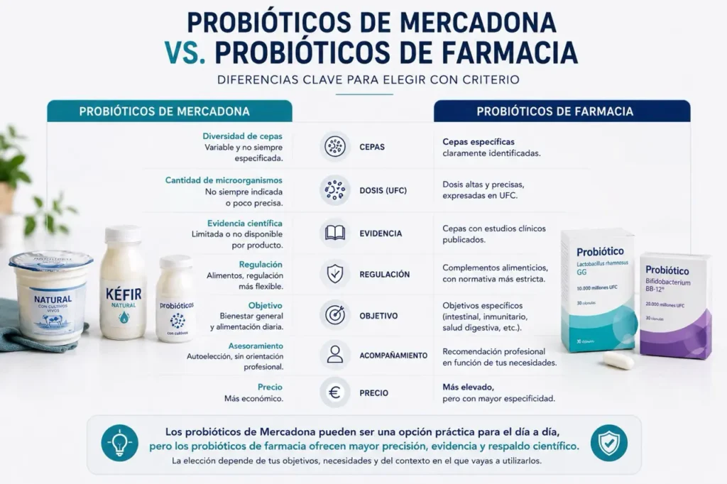 Probióticos de Mercadona vs probióticos de farmacia diferencias clave
