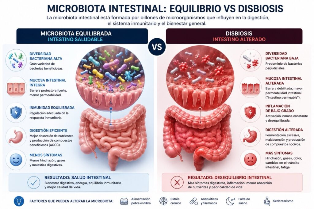 Comparación entre microbiota intestinal equilibrada y disbiosis mostrando diferencias en diversidad bacteriana, inflamación y síntomas digestivos.