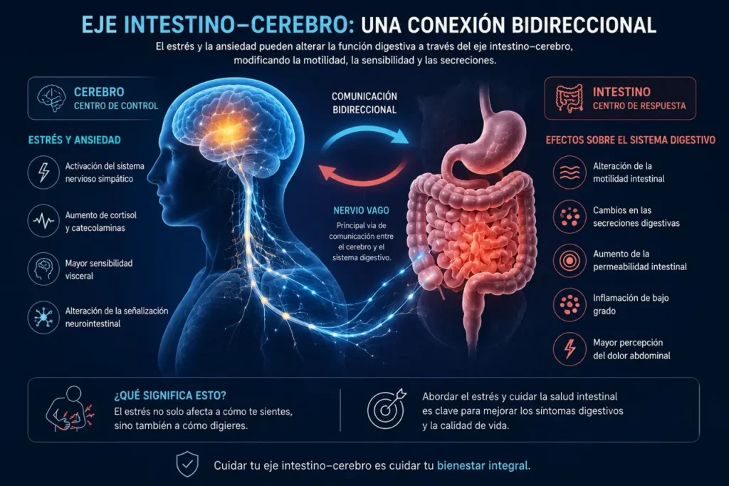 Ilustración del eje intestino-cerebro mostrando cómo el estrés y la ansiedad afectan la digestión y la salud intestinal.