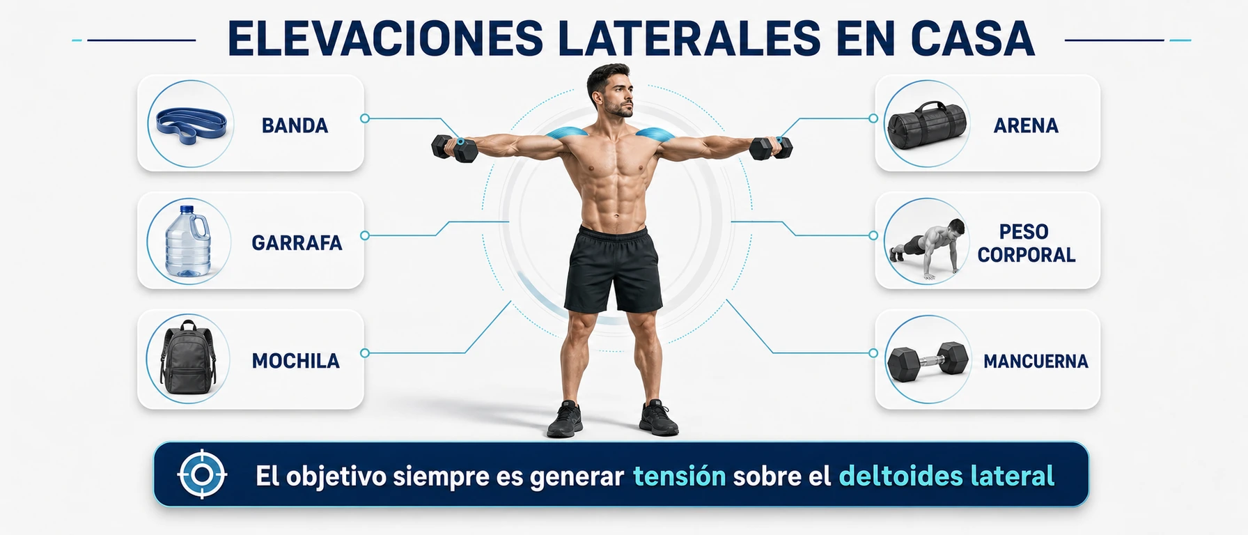 Infografía premium con alternativas para hacer elevaciones laterales en casa usando banda garrafa mochila arena peso corporal o mancuerna