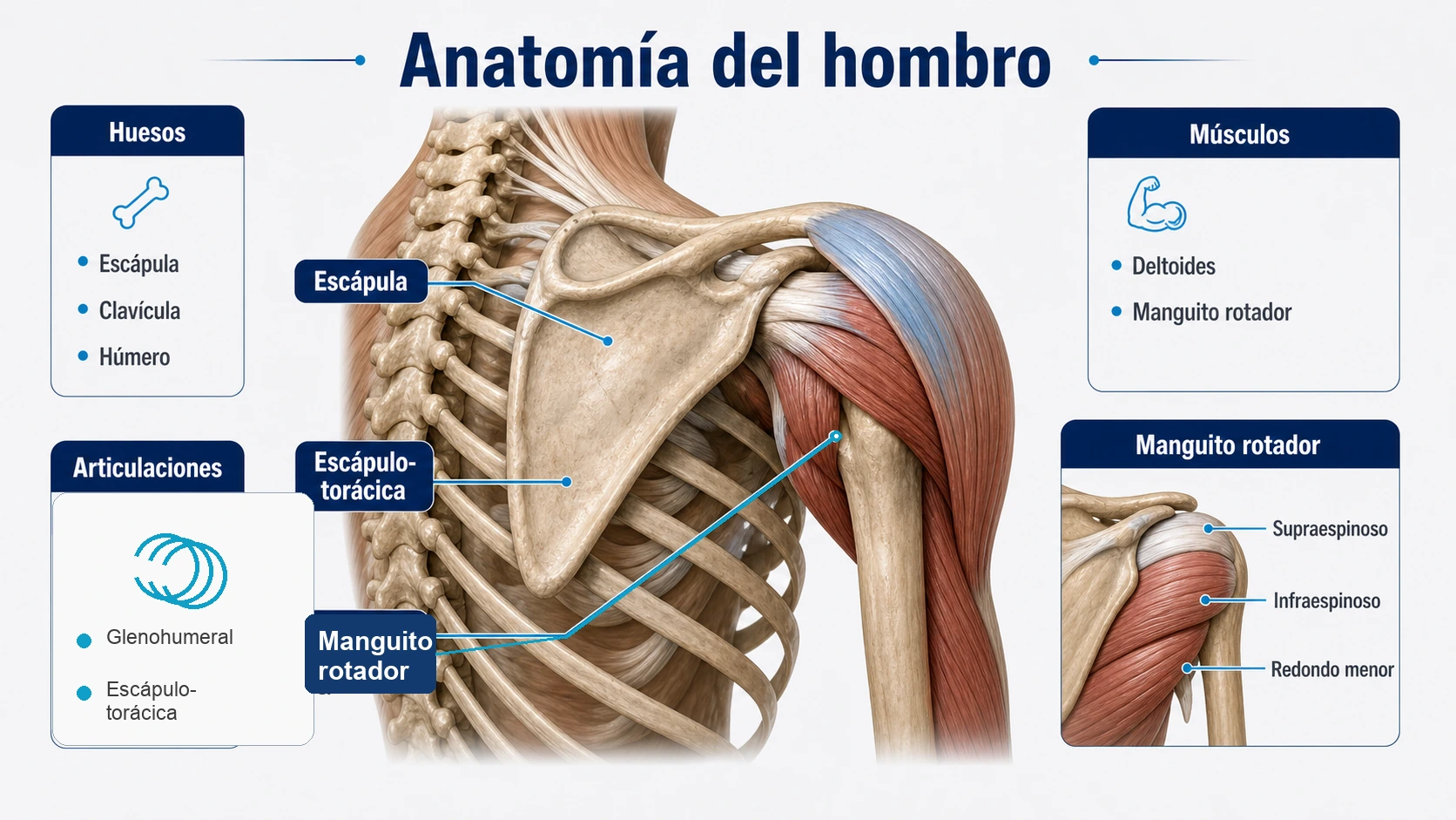 Infografía de anatomía del hombro con escápula articulación escapulotorácica y manguito rotador