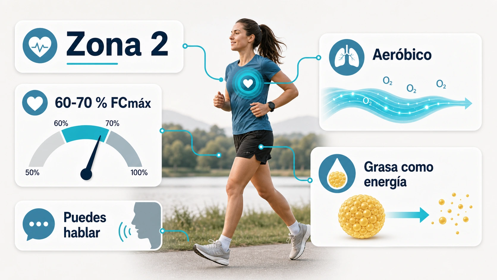 Infografia sobre correr en zona 2 con sesenta a setenta por ciento de frecuencia cardiaca maxima metabolismo aerobico y prueba del habla