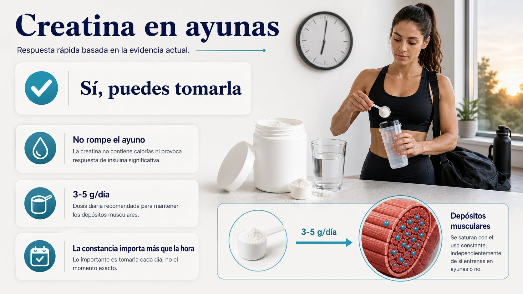 Creatina en ayunas no rompe el ayuno con dosis tres a cinco gramos diarios y depositos musculares