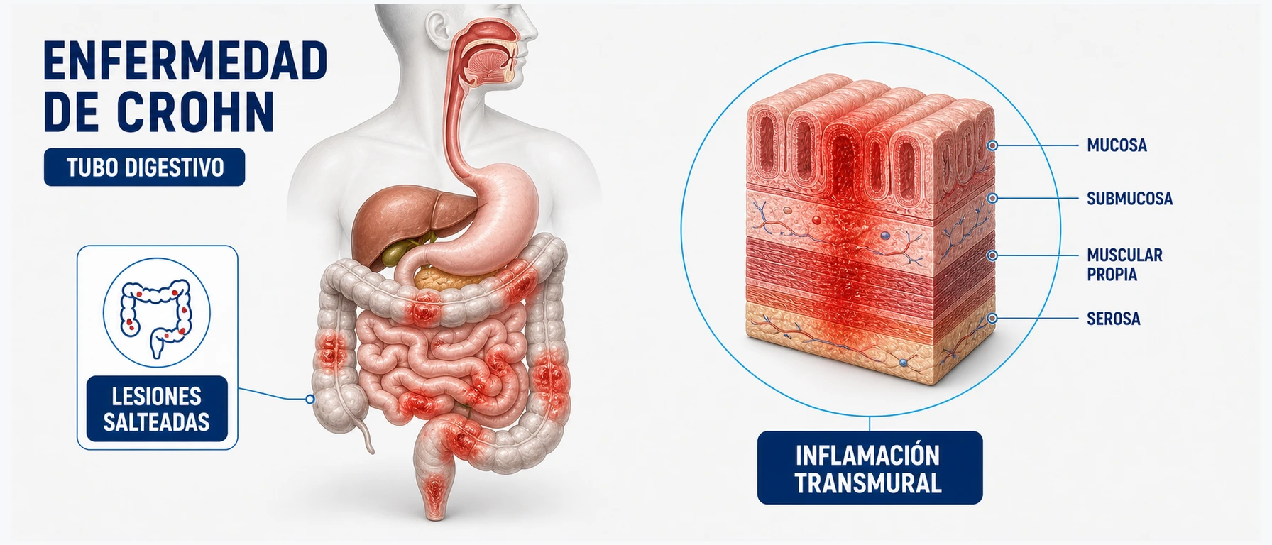 Infografía biomédica de enfermedad de Crohn con lesiones salteadas e inflamación transmural del tubo digestivo