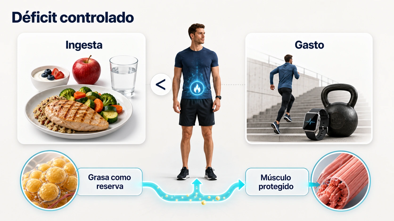 Infografia sobre deficit calorico controlado con ingesta menor que gasto, grasa como reserva y musculo protegido
