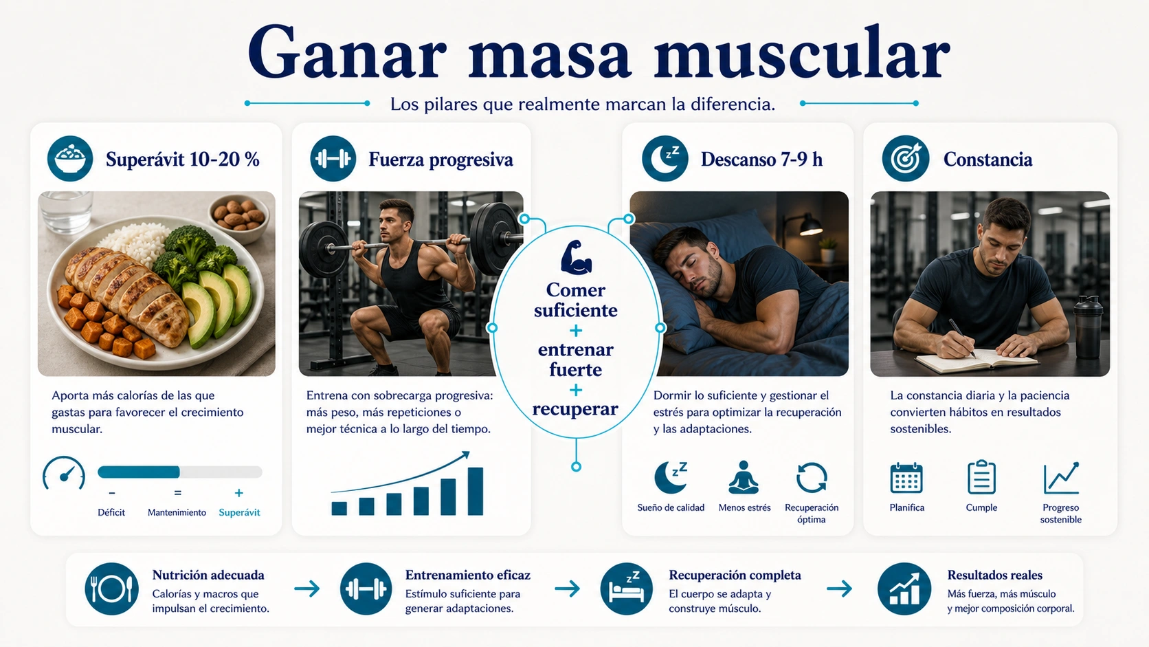 Dieta para ganar masa muscular con superavit diez a veinte por ciento fuerza progresiva descanso siete a nueve horas y constancia