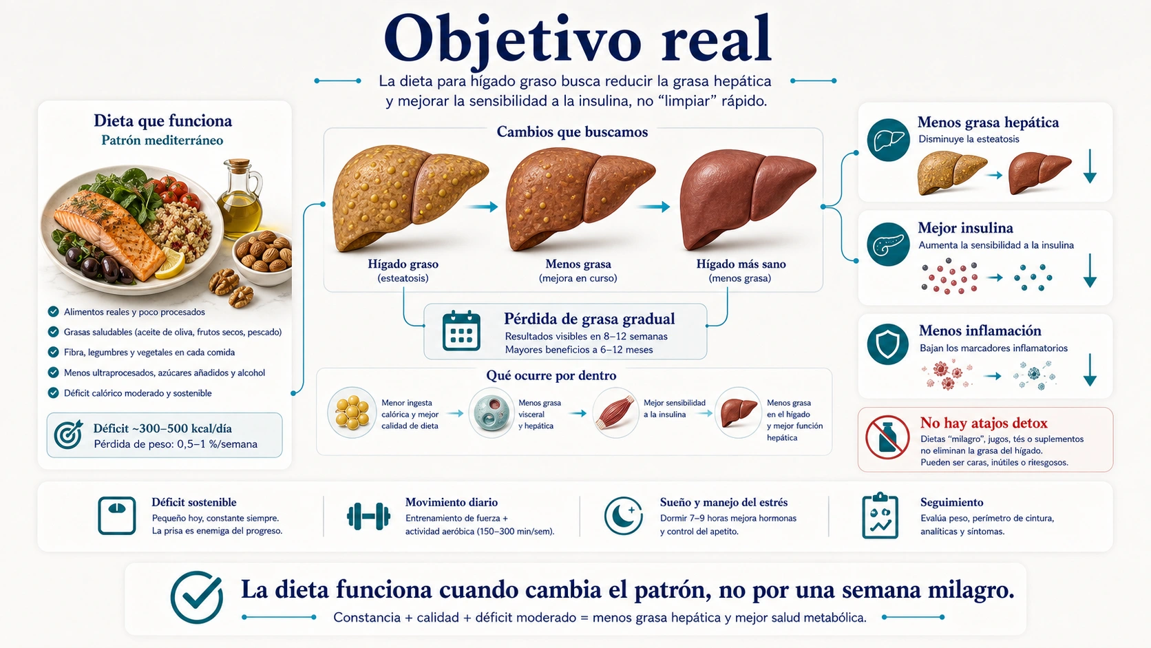 Objetivo fisiologico de la dieta para higado graso con menos grasa hepatica mejor insulina y menor inflamacion