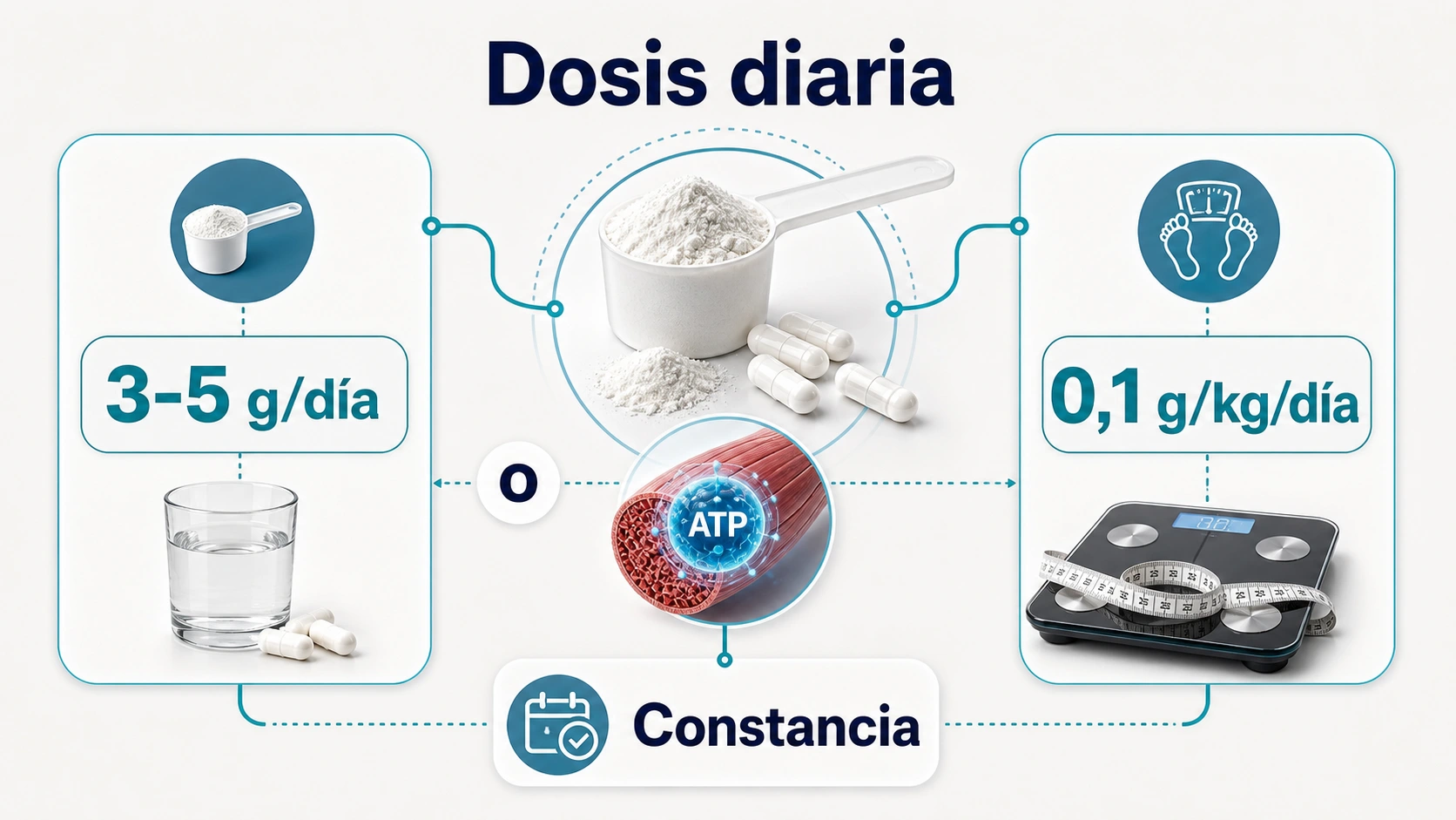Infografia de dosis diaria de creatina con pauta de tres a cinco gramos al dia o cero coma uno gramos por kilo al dia
