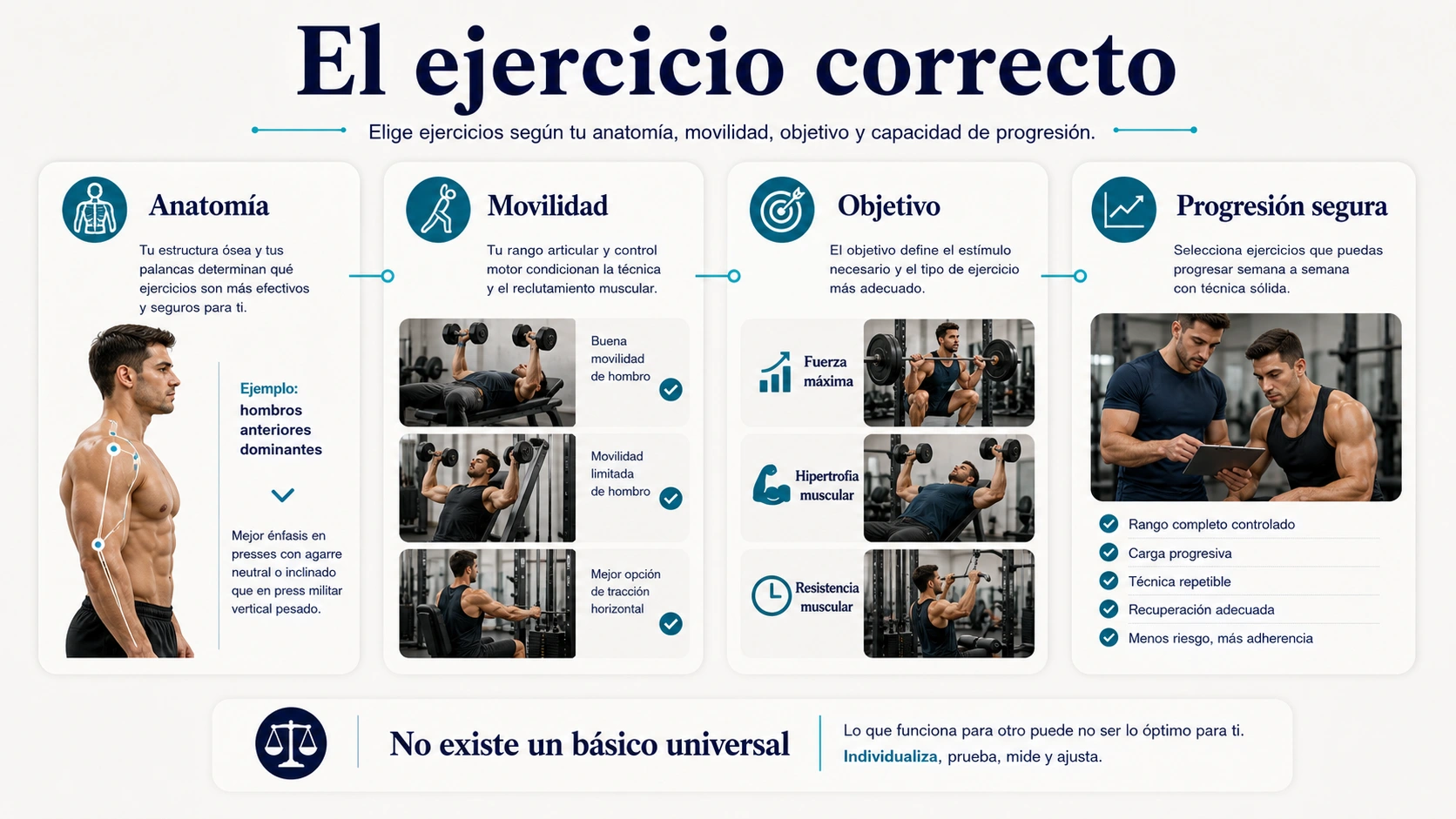 Seleccion del ejercicio correcto en culturismo natural segun anatomia movilidad objetivo y progresion segura