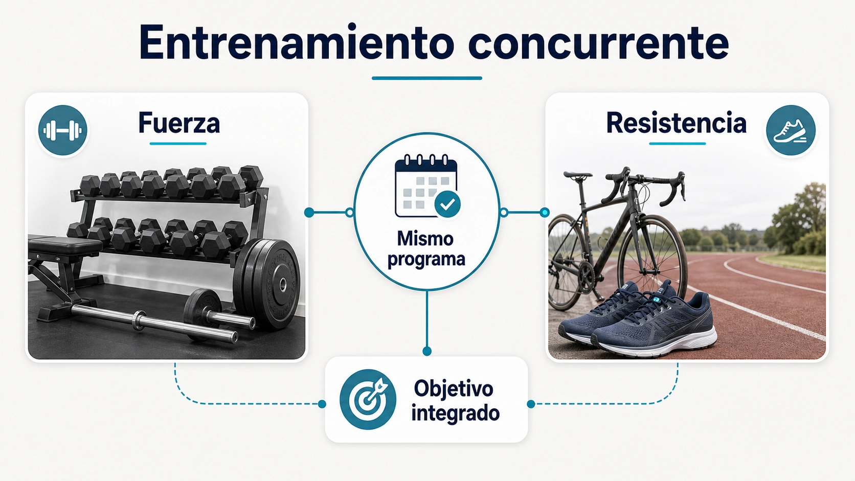 Infografia que define el entrenamiento concurrente como fuerza y resistencia dentro de un mismo programa con objetivo integrado