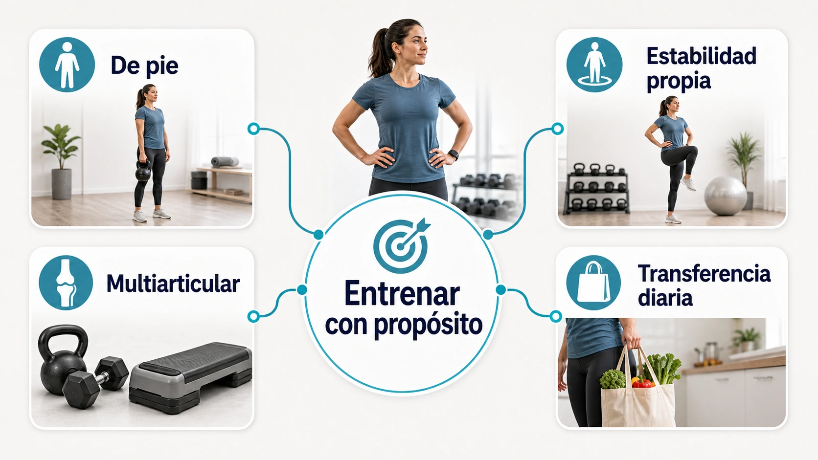 Infografia que explica el entrenamiento funcional para mujeres como entrenar con proposito de pie multiarticular con estabilidad propia y transferencia diaria
