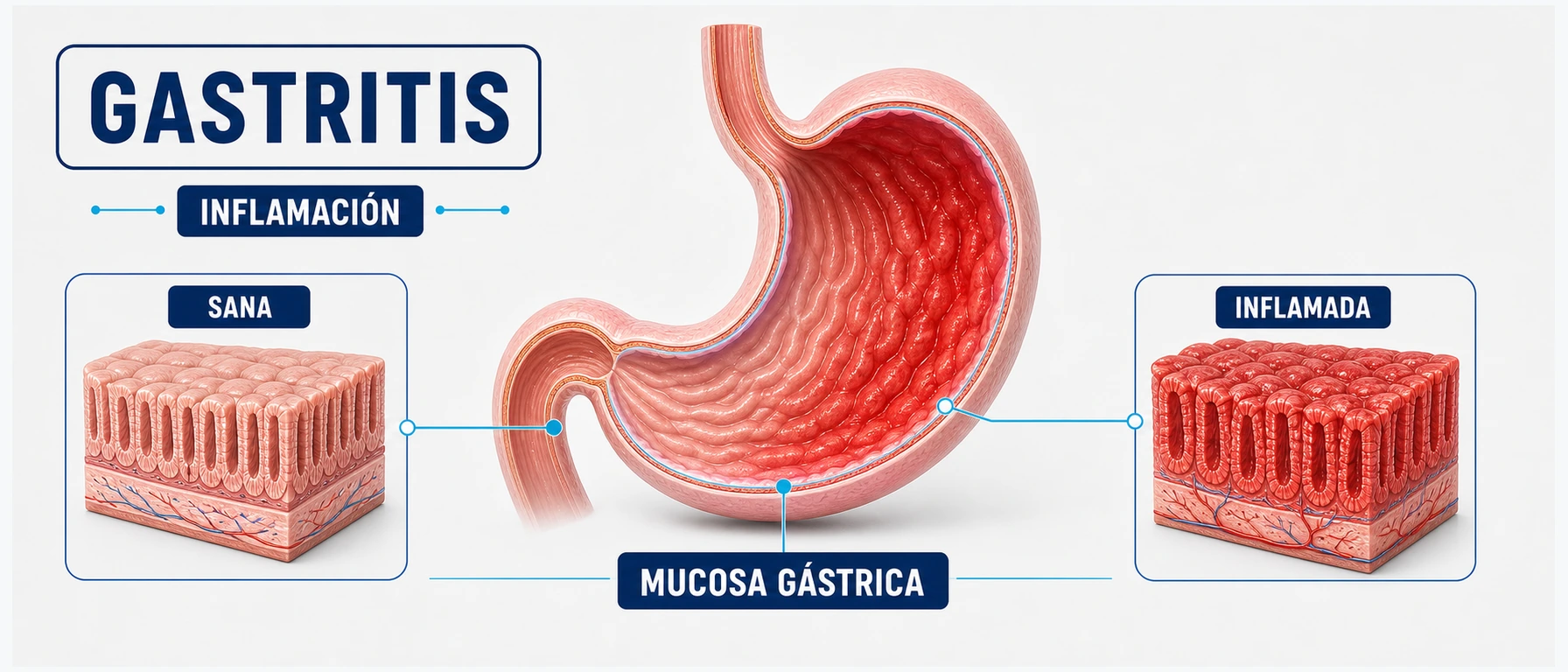 Infografía de gastritis con mucosa gástrica sana e inflamada