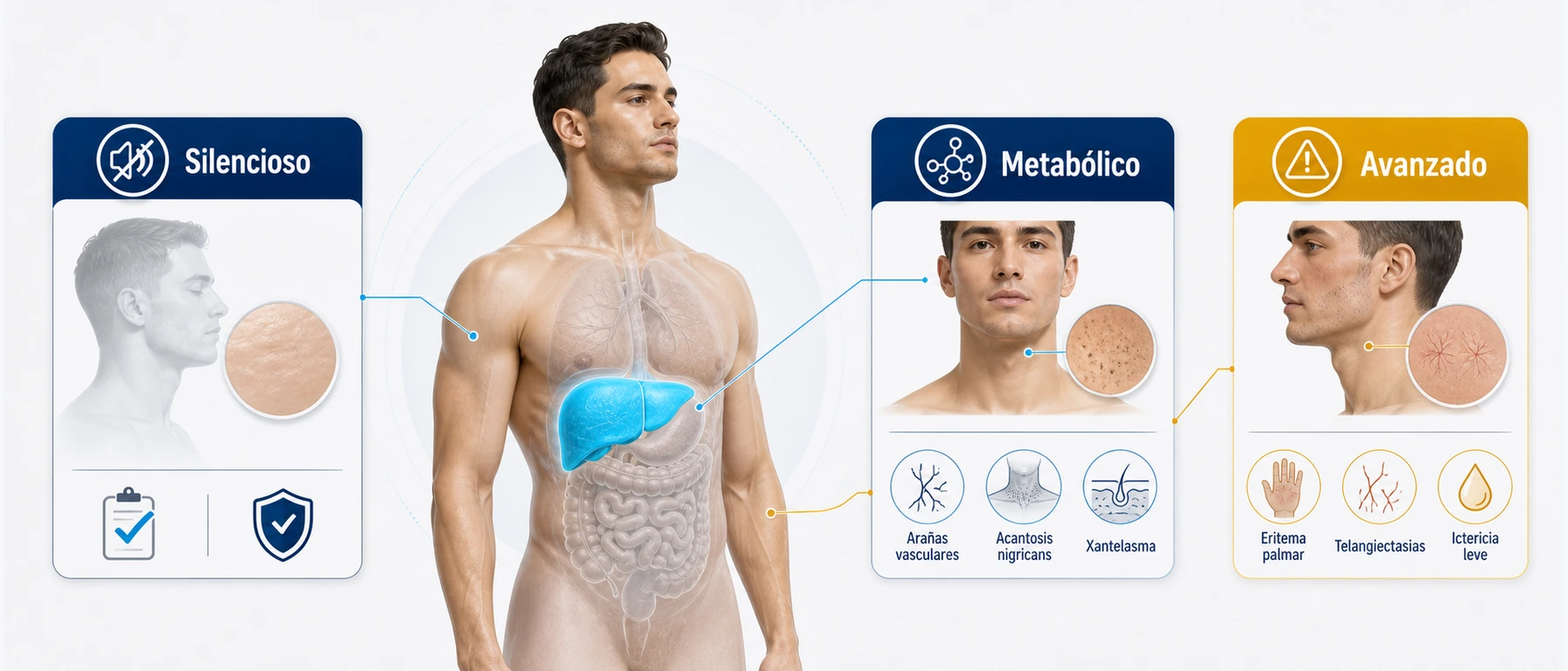 Infografía clínica sobre señales en la piel relacionadas con hígado graso temprano metabólico y avanzado