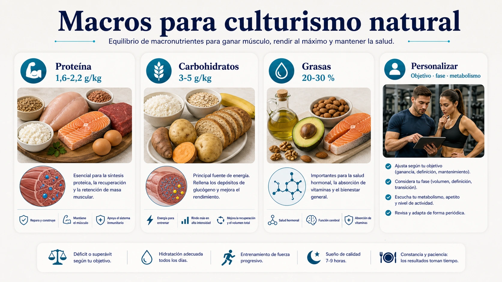 Macros para dieta de culturismo natural con proteina carbohidratos grasas y personalizacion segun objetivo fase y metabolismo