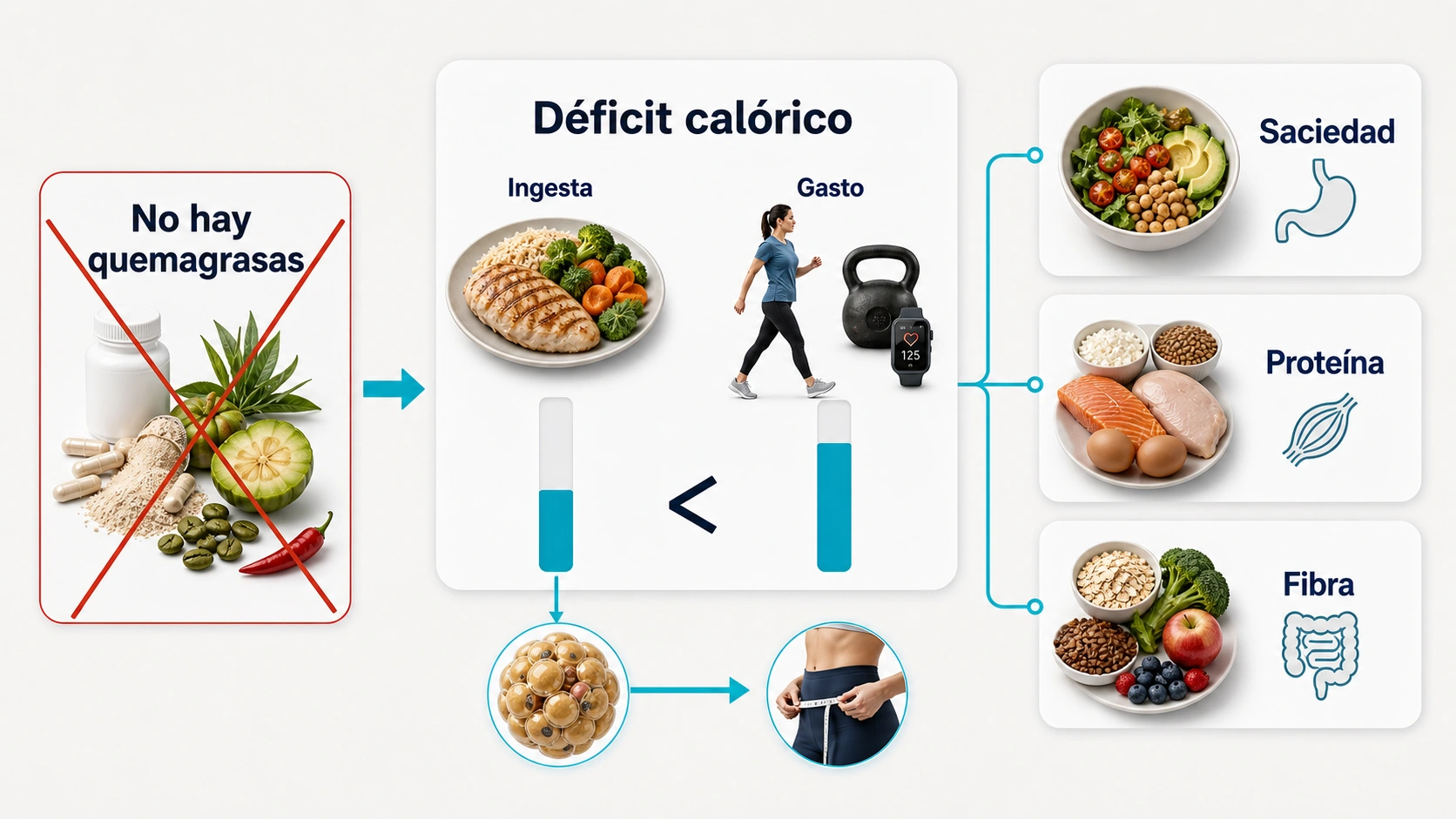 Infografia que explica que no hay alimentos quemagrasas y que la perdida de grasa depende del deficit calorico la saciedad la proteina y la fibra