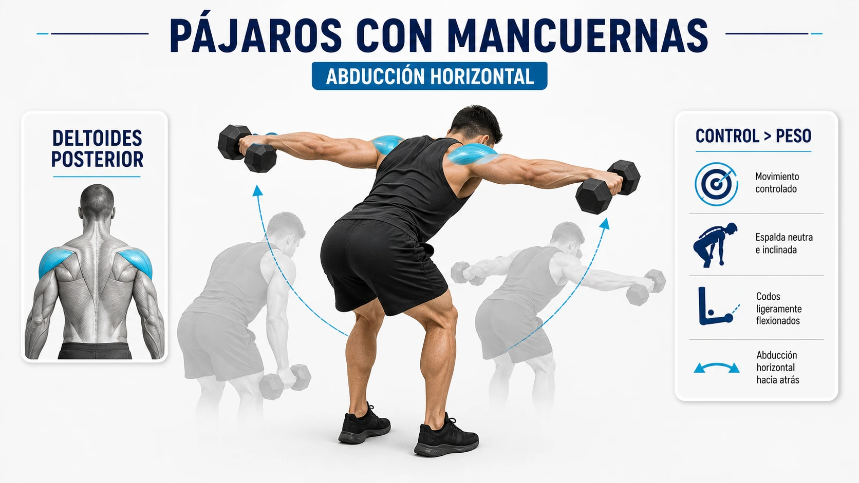 Infografía de pájaros con mancuernas con abducción horizontal y deltoides posterior