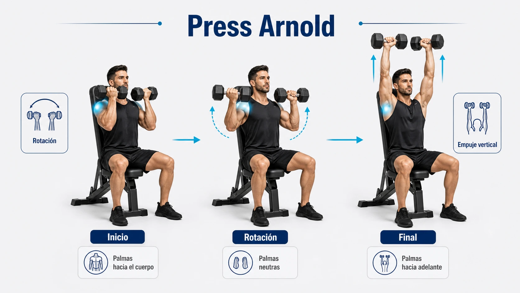 Infografía del press Arnold con inicio rotación y fase final diferenciadas