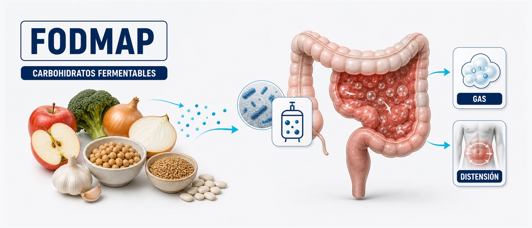 Infografía sobre FODMAP como carbohidratos fermentables que generan gas y distensión intestinal
