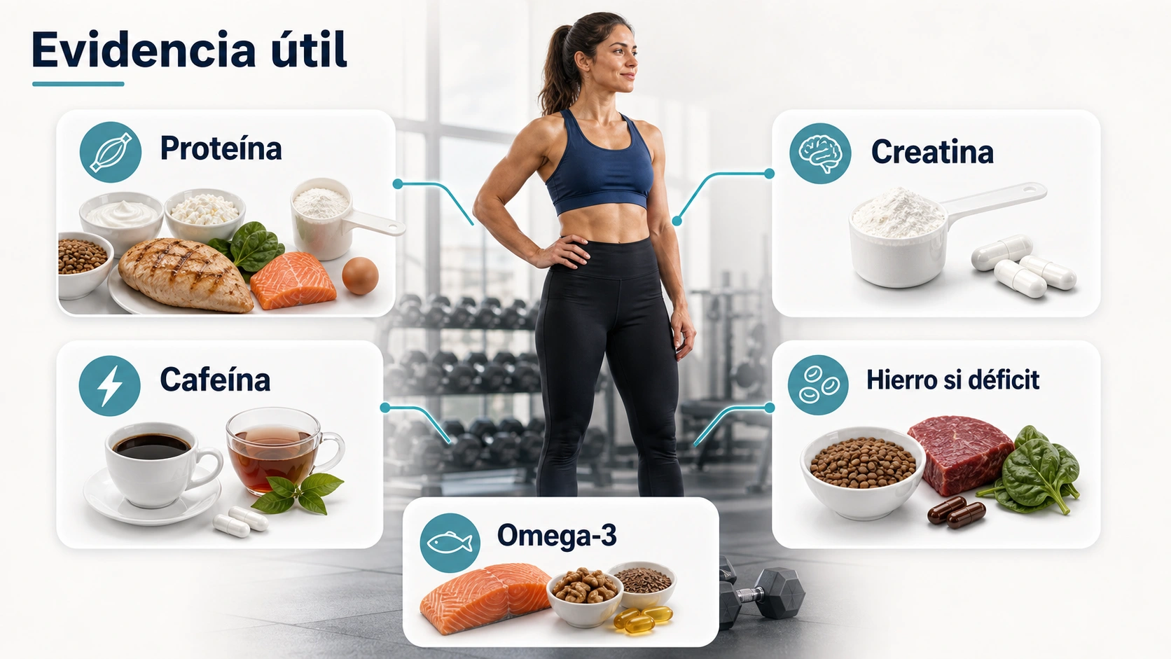 Infografia de suplementos para mujeres deportistas con evidencia util proteina creatina cafeina hierro si deficit y omega tres