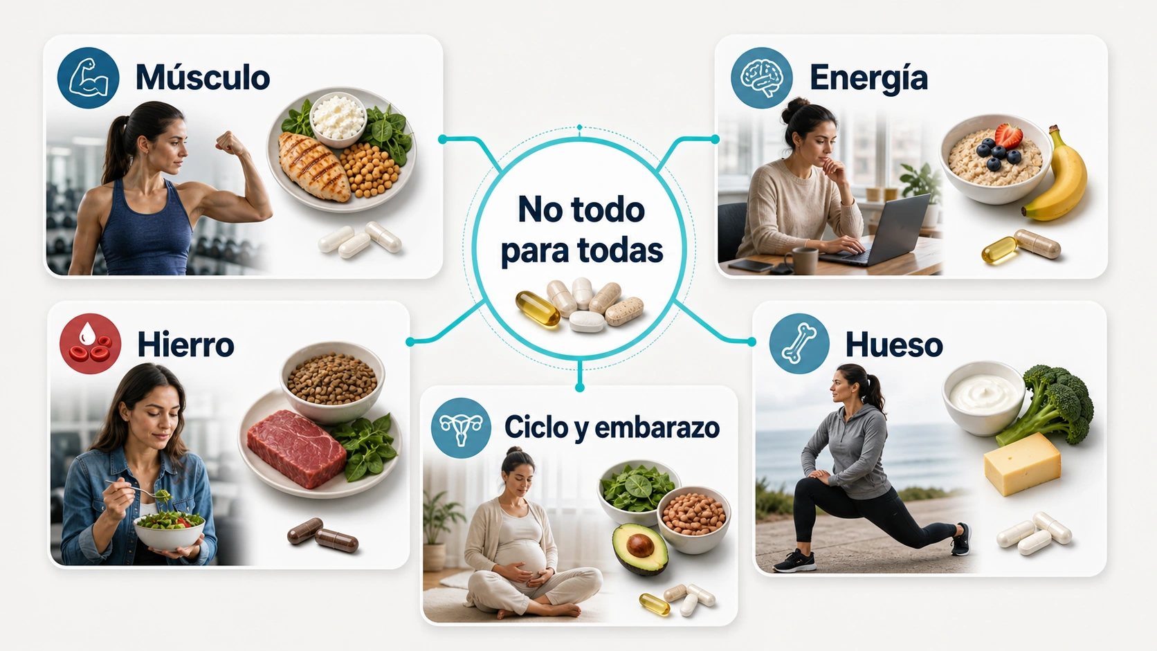 Mapa de prioridades de suplementos para mujeres segun musculo energia hierro hueso ciclo y embarazo