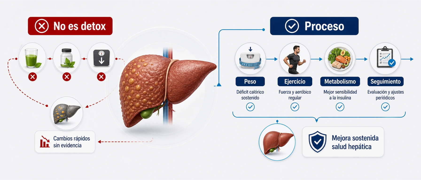 Infografía clínica del tratamiento del hígado graso como proceso metabólico y no detox rápido
