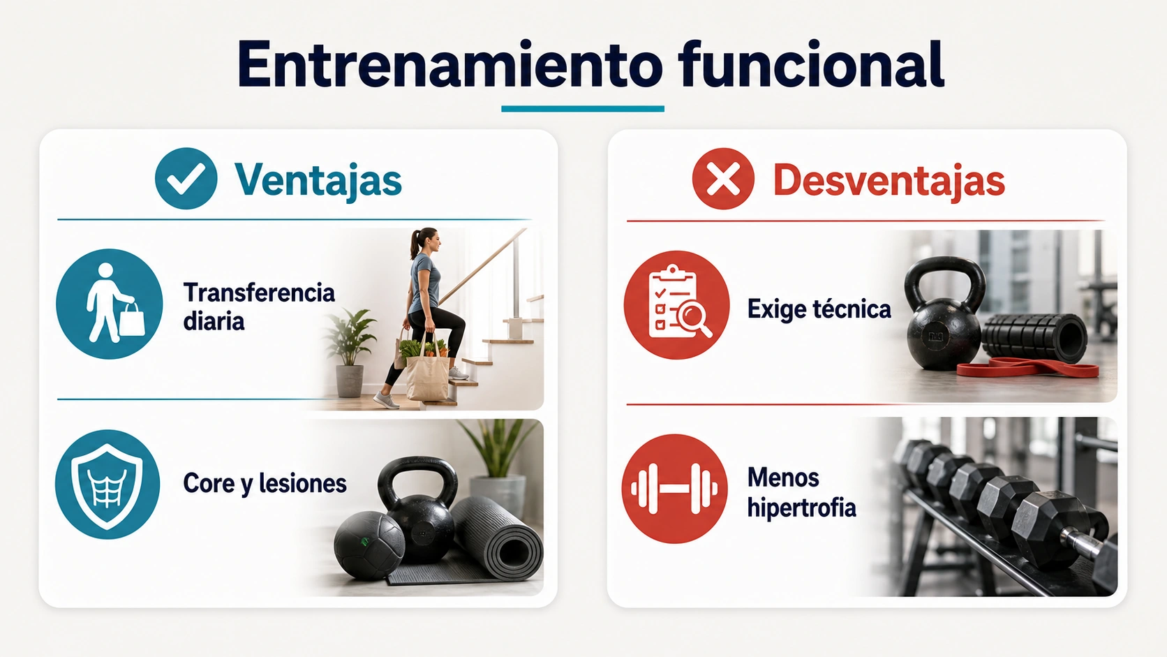 Resumen visual de ventajas y desventajas del entrenamiento funcional con transferencia diaria core lesiones tecnica e hipertrofia