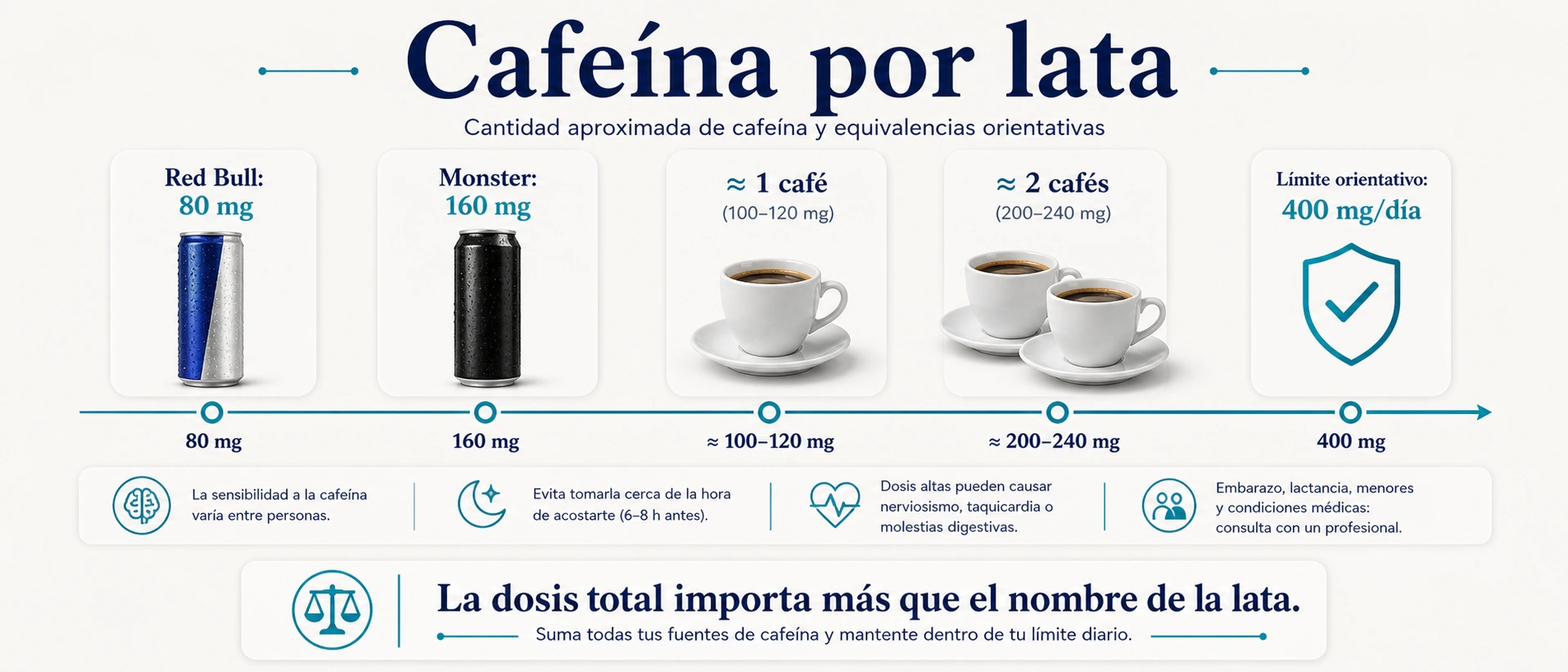 Cafeina por lata en Monster y Red Bull con equivalencia en cafes y limite diario orientativo