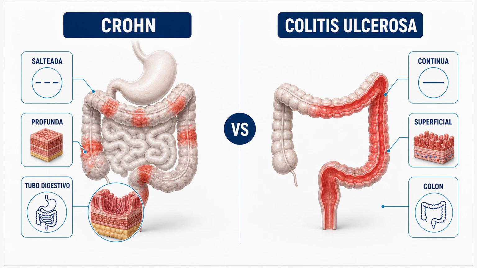 Comparativa entre enfermedad de Crohn y colitis ulcerosa según localización continuidad y profundidad de la inflamación
