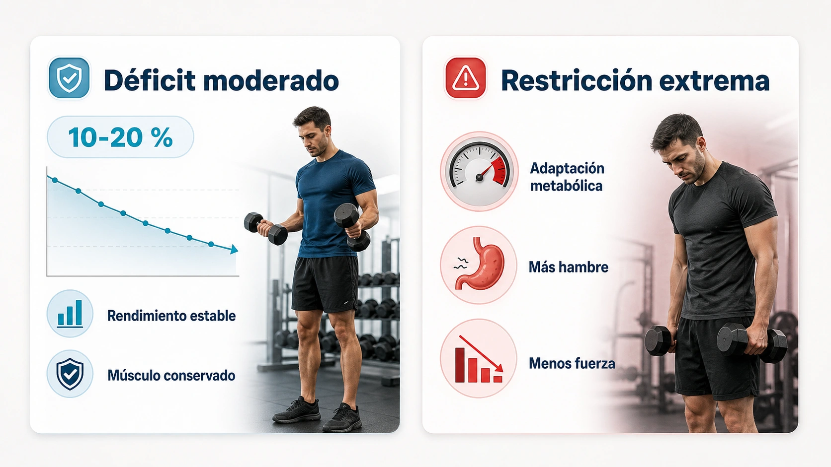 Comparativa entre deficit calorico moderado y restriccion extrema con adaptacion metabolica, hambre y perdida de fuerza