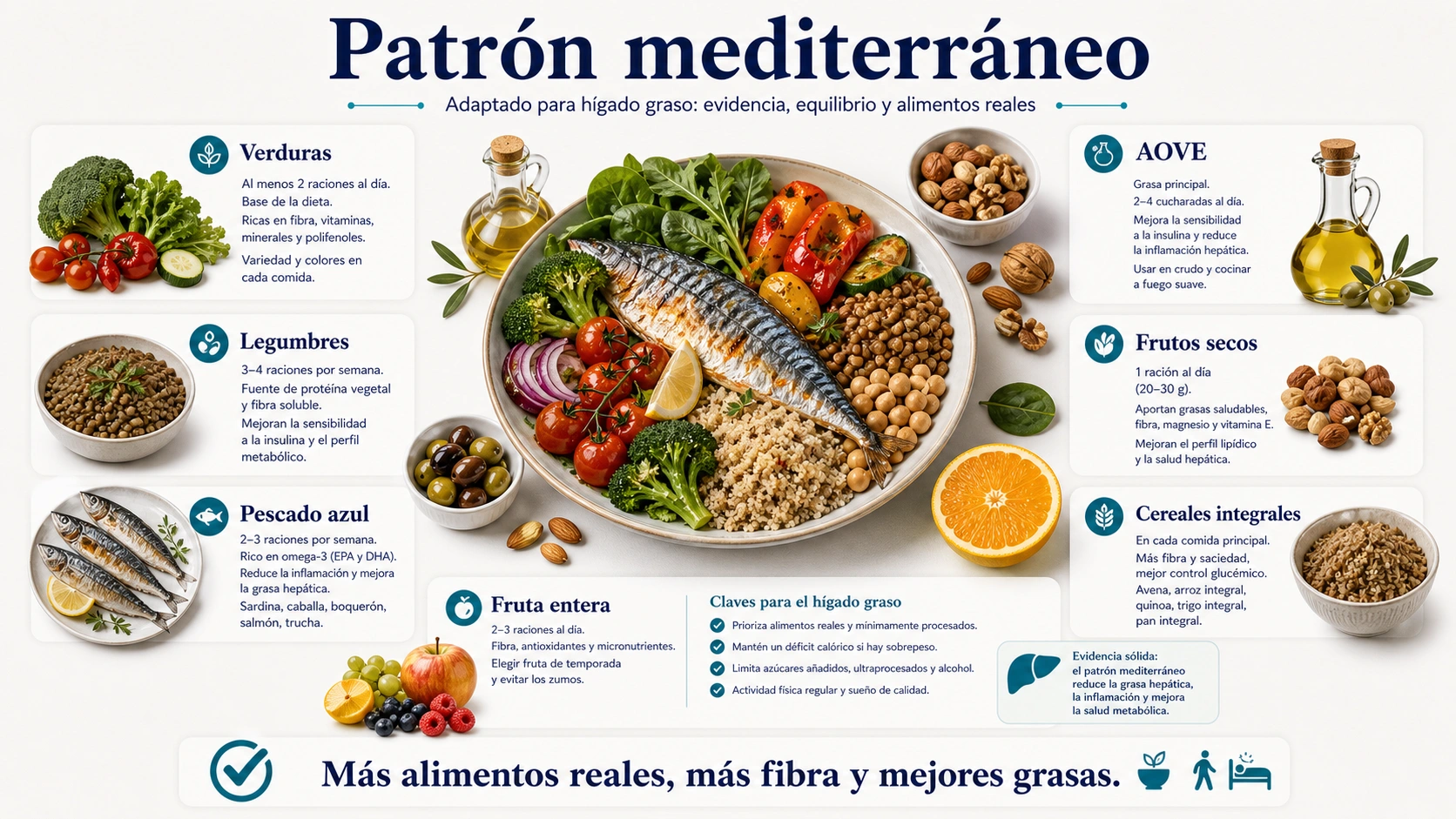 Patron mediterraneo para higado graso con verduras legumbres pescado azul aceite de oliva frutos secos e integrales