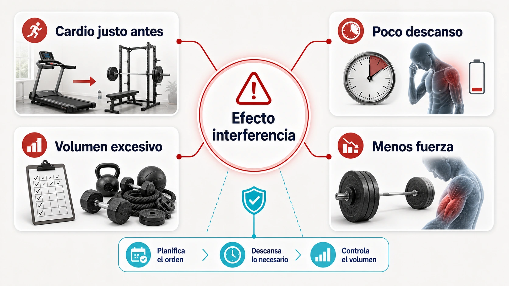 Infografia del efecto interferencia en entrenamiento concurrente por cardio justo antes poco descanso volumen excesivo y menos fuerza